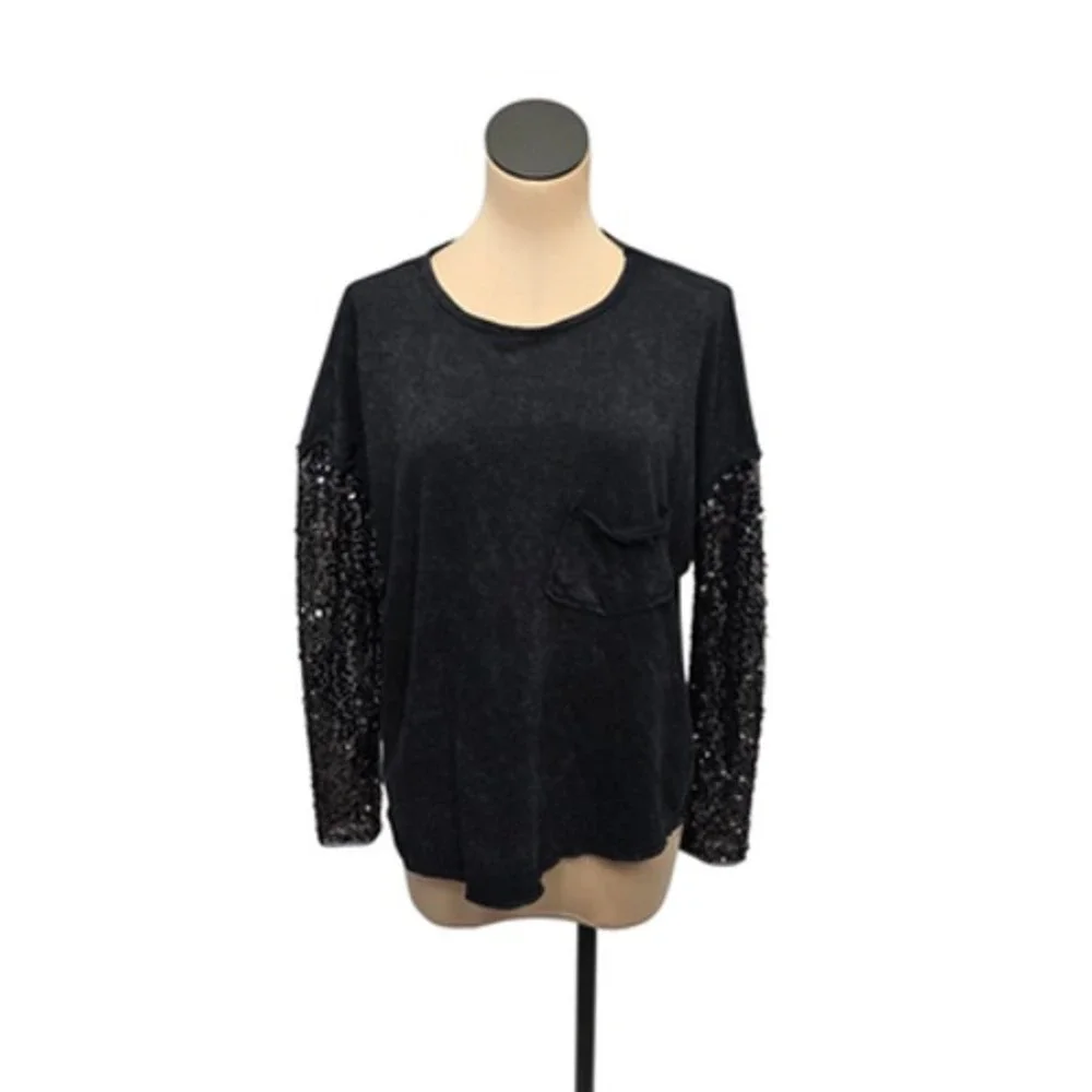 Free‎ People Black Distressed Sequin Sleeve Pocket T-Shirt Top XS